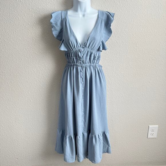 Bishop & Young Sea Blue Santorini Midi Ruffle Dress Women's XS Coquette Cottage - Picture 2 of 9